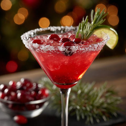 A glass of a Clausmopolitan cocktail.