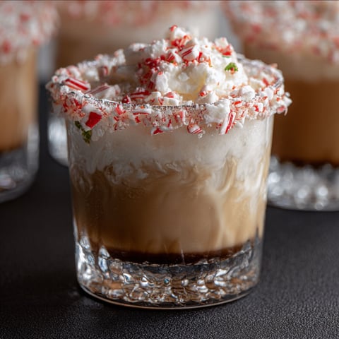 A glass of white russian with red and white stripes.