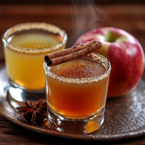 Two mini apple cider bourbon drinks with cinnamon on top.
