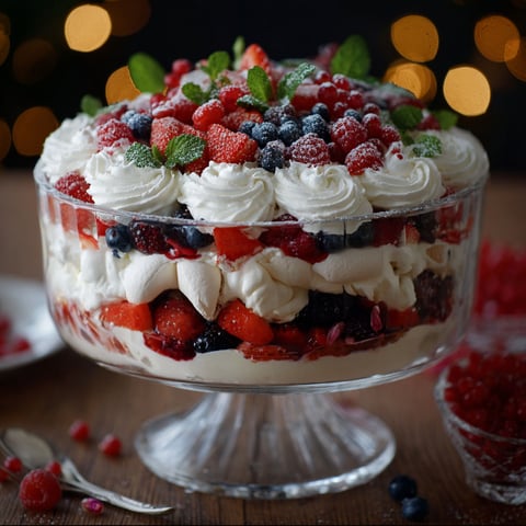 A Christmas Pavlova Trifle with berries and whipped cream.