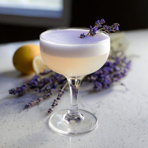 A glass of lavender gin sour cocktail.