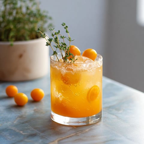 A glass of orange juice with a sprig of thyme on top.