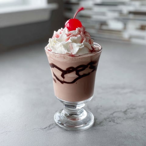 A glass of a cherry rose mudslide cocktail.