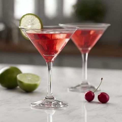 Two glasses of red cocktails with cherries in them.