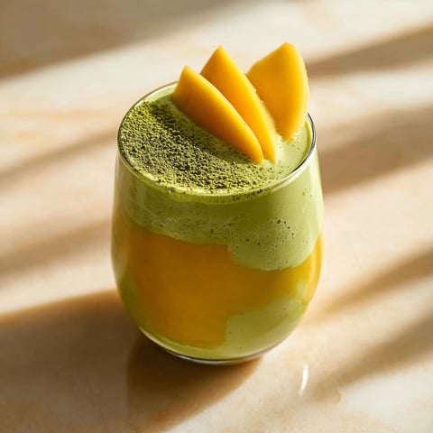 A glass of green smoothie with a slice of mango on top.