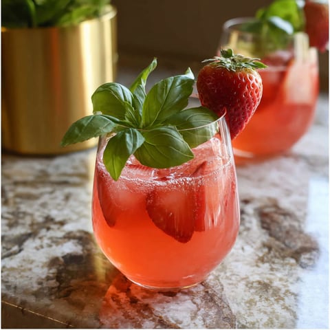 A glass of strawberry basil lemonade.