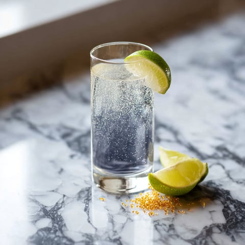 A glass of Midnight Sparkler Cocktail with lime wedges on the side.