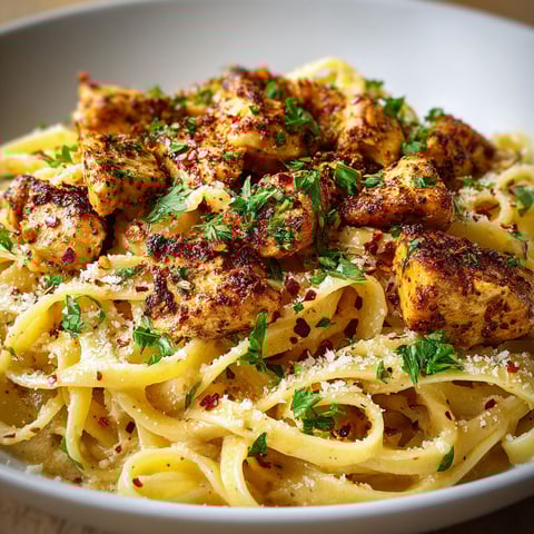 A plate of food with chicken, pasta, and peppers.