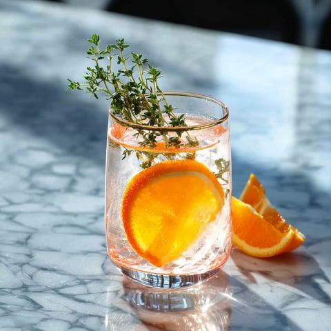 A glass of Tangerine Thyme Spritz with a slice of orange.