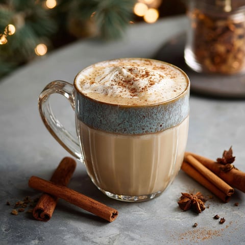 A glass of Chai Eggnog Mocktail with cinnamon sticks on the side.