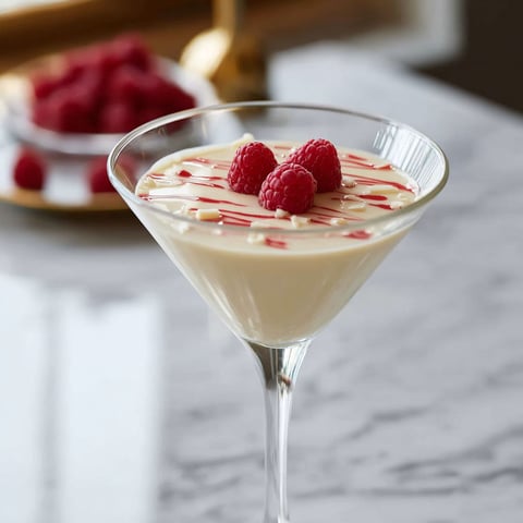 A martini glass with white chocolate and raspberry.