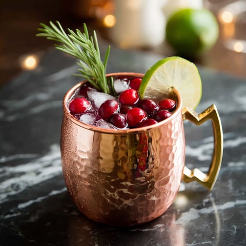 A copper mug filled with a Christmas mule cocktail.