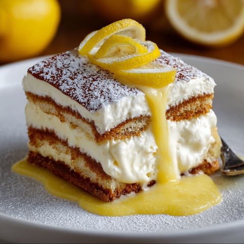 A slice of lemon tiramisu with lemon curd.