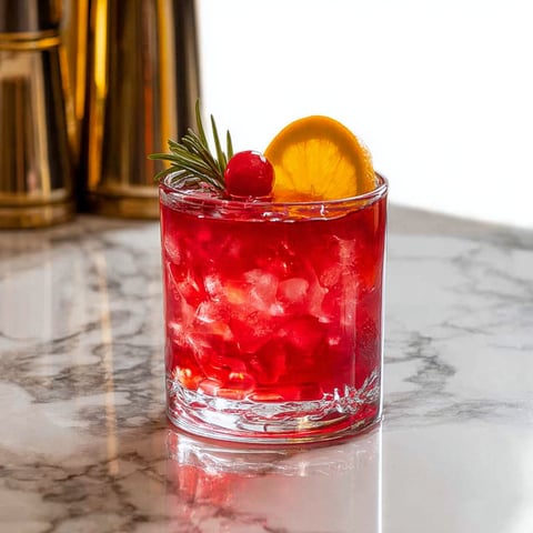 A glass of Rudolph's Red Nose Cocktail.