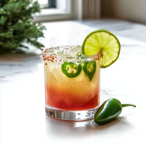 A ghost pepper margarita cocktail with a slice of lime and a jalapeno pepper.