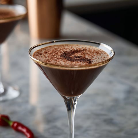 A glass of chocolate martini cocktail with cayenne pepper.