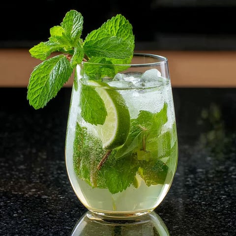 A glass of peppermint sparkling mojito cocktail.