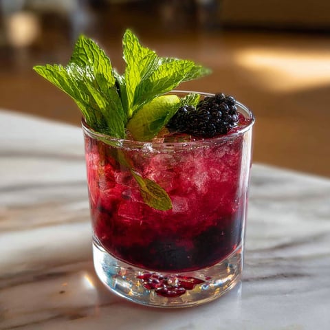 A glass of a Mint Blackberry Bramble Cocktail.