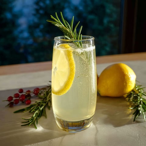 A glass of Limoncello Rosemary Collins Cocktail.