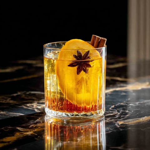 A glass of gin with a slice of orange and a cinnamon stick in it.