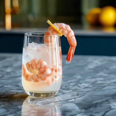 A glass of shrimp infused gin fizz cocktail.