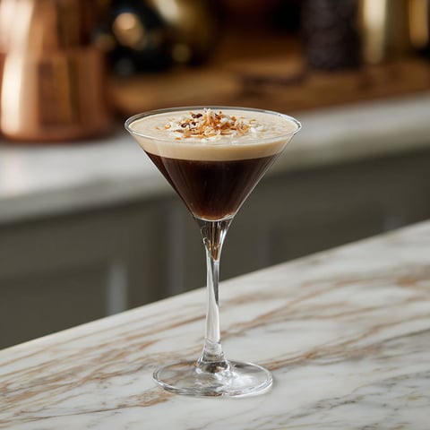 A glass of coconut espresso martini cocktail.