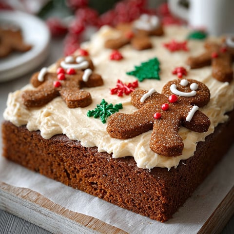 A gingerbread man sheet cake with white frosting and red decorations.
