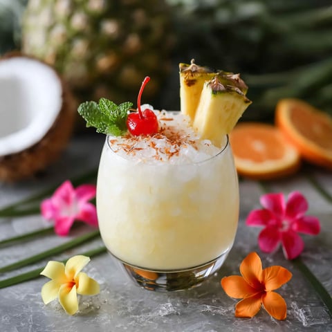 A glass of tropical coconut punch cocktail.