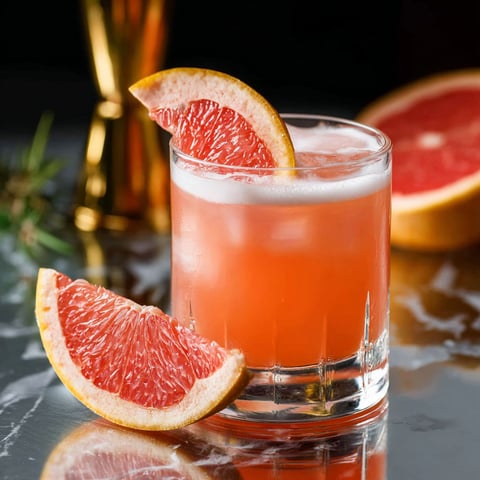 A glass of pink grapefruit tequila sour cocktail.