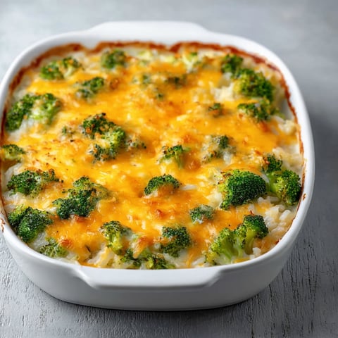 A white bowl filled with a cheesy broccoli casserole.