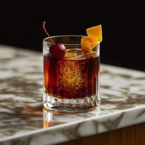 A glass of chocolate cherry old fashioned cocktail.
