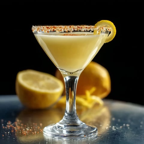 A glass of lemon drop martini with a lemon wedge on the side.