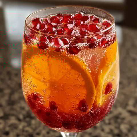 A glass of Pomegranate Orange Fizz.