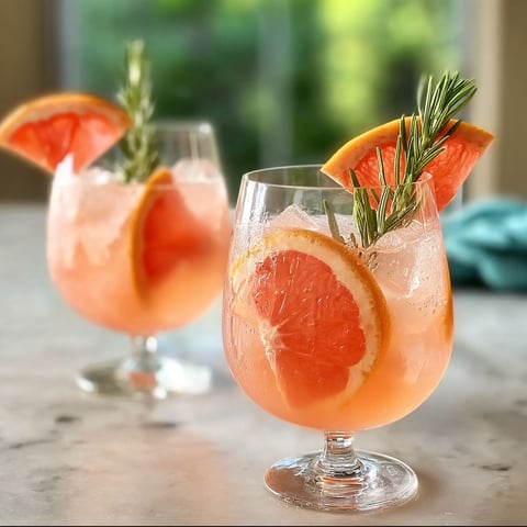 Two glasses of grapefruit rosemary spritzer.
