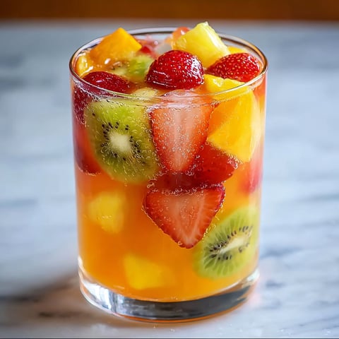 A glass of fruit punch with kiwi, strawberries, and other fruits.