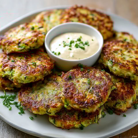 A plate of zucchini patties with a dipping sauce.
