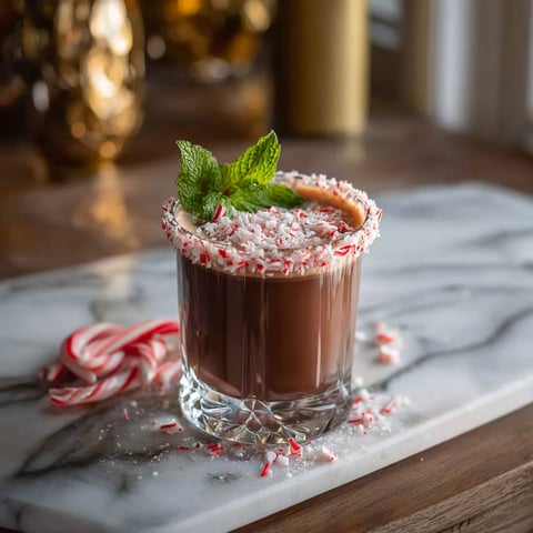 A glass of chocolate peppermint vodka cocktail.