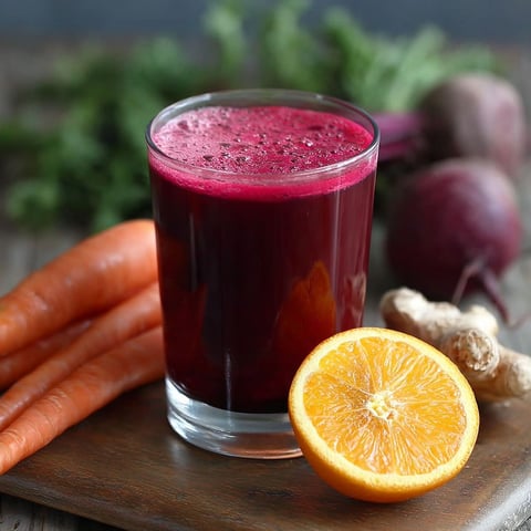 A glass of beetroot bliss juice with a slice of orange on the side.