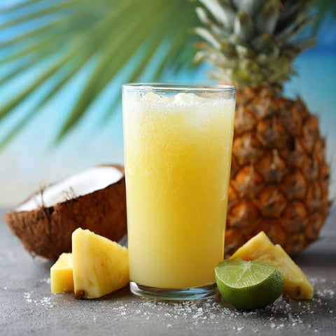 A glass of Pineapple Paradise Juice with a slice of pineapple and a lime wedge.