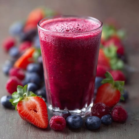A glass of berry boost juice with strawberries and blueberries.