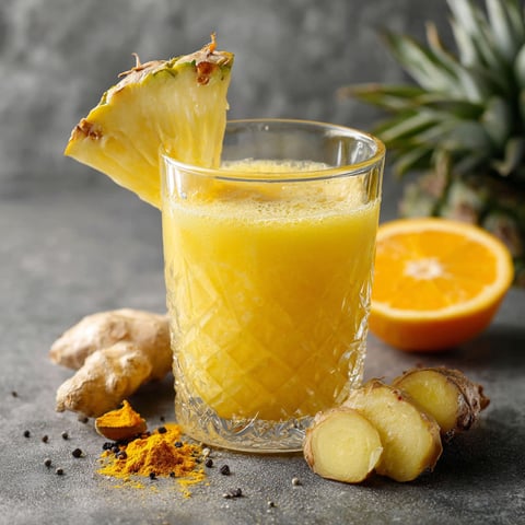 A glass of pineapple juice with a spoonful of turmeric in it.