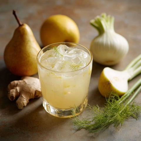A glass of pear and fennel digestive reset with ginger heat.