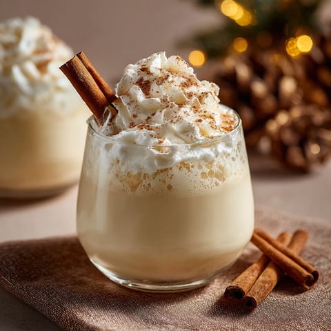 A glass of eggnog with cinnamon sticks in it.