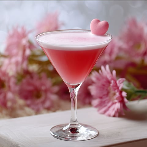 A glass of pink martini with a heart shaped candy on top.