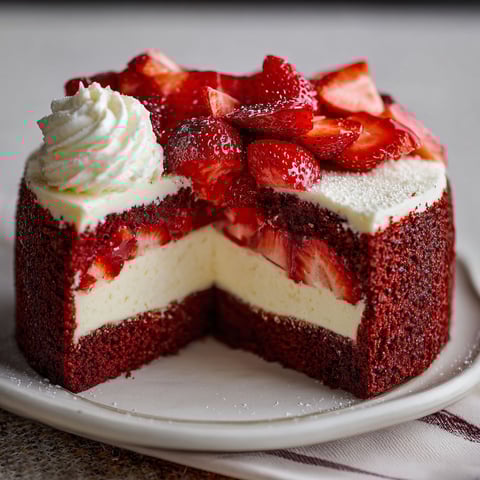 A slice of red velvet strawberry cheesecake.