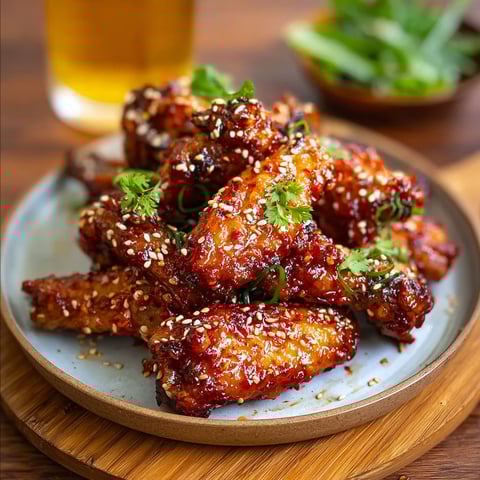 A plate of spicy Korean chicken wings.