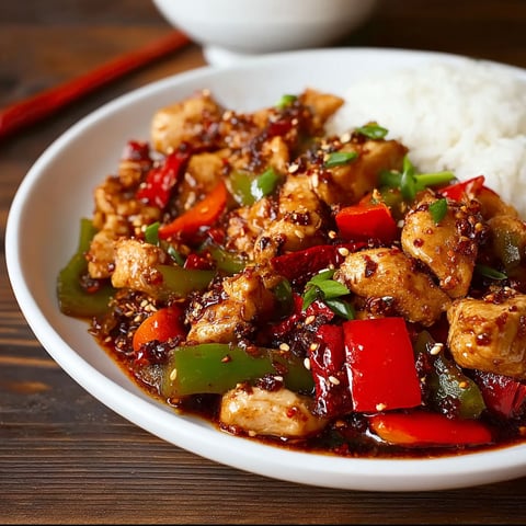A plate of spicy Szechuan chicken.