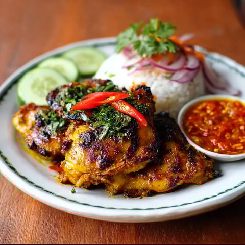 A plate of grilled chicken with peppers and rice.