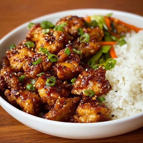 A plate of spicy honey garlic chicken with rice.
