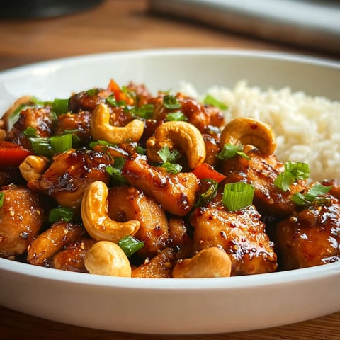 A plate of spicy cashew chicken with rice.